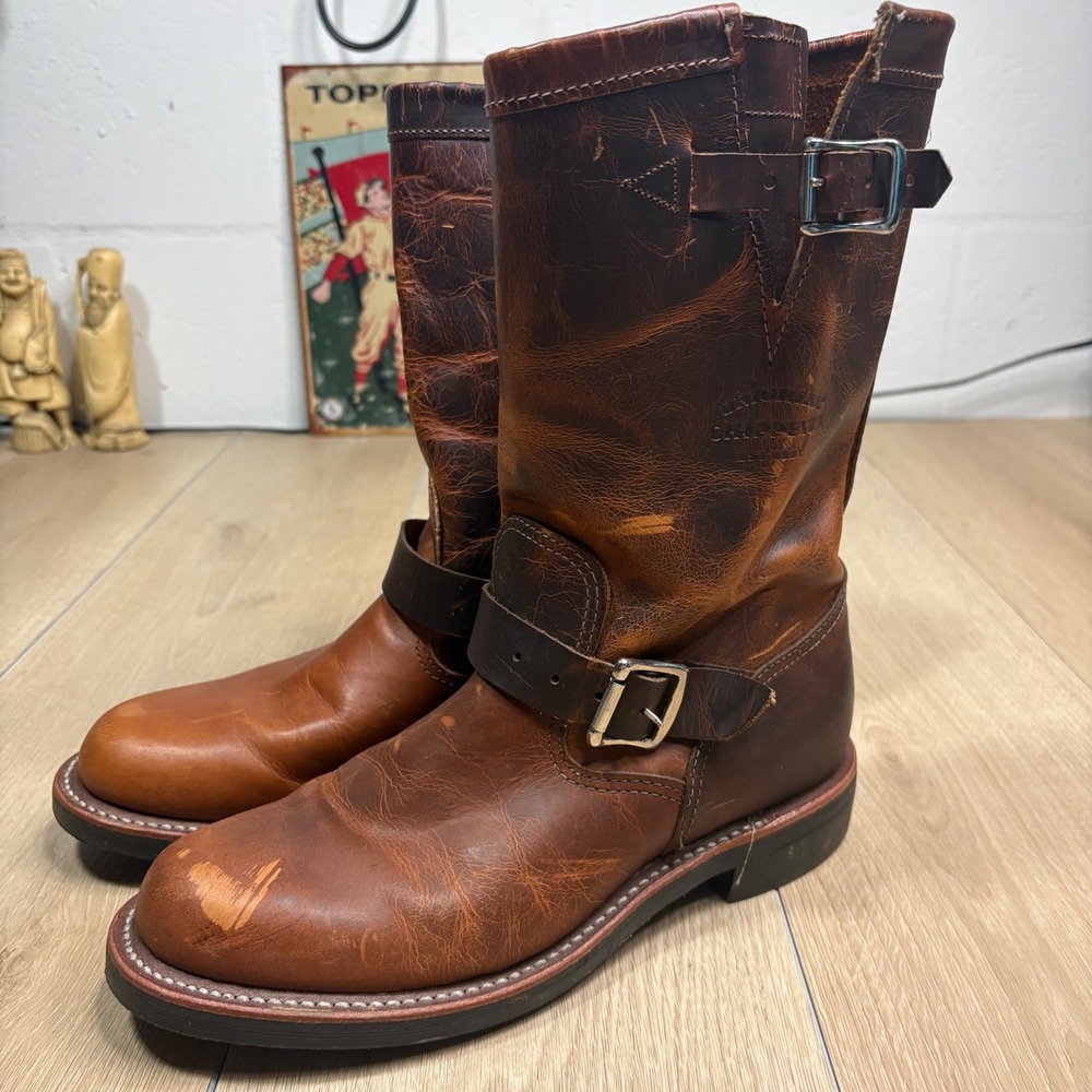 Chippewa 1901W15 Mens Leather Engineer Boots Tan Brown USA Made Size 9M Vibram